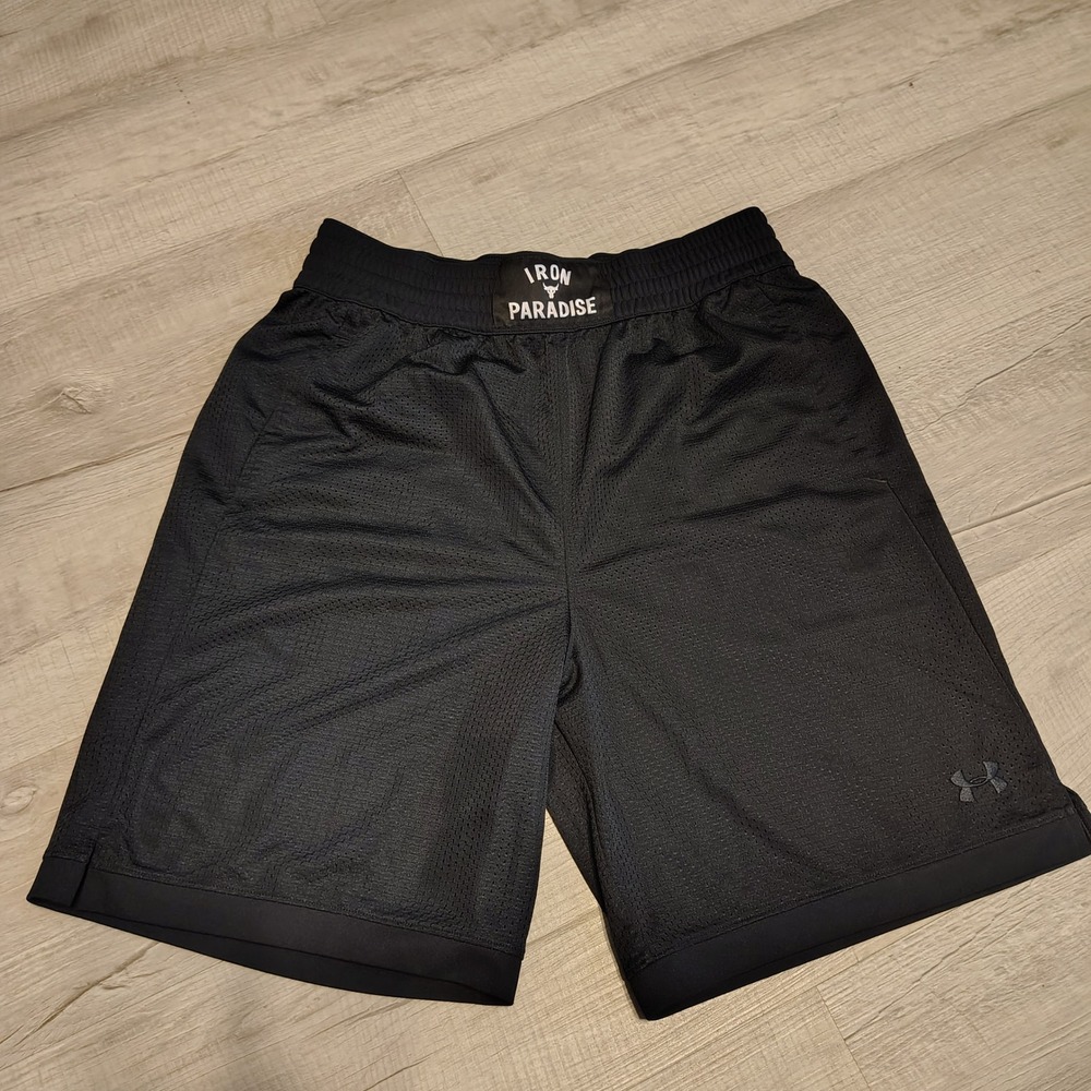 Under Armour Project Rock Iron Paradise Mesh Gym Shorts Black Mens Size Large